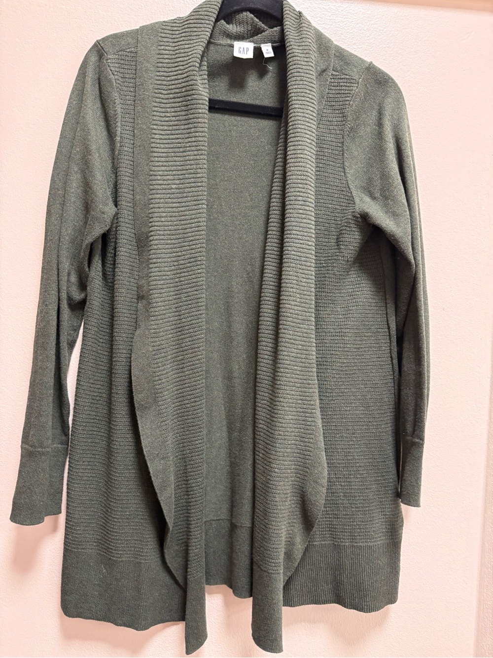 Gap Open Front Cardigan Olive Green 100% Cotton Shawl Collar Medium